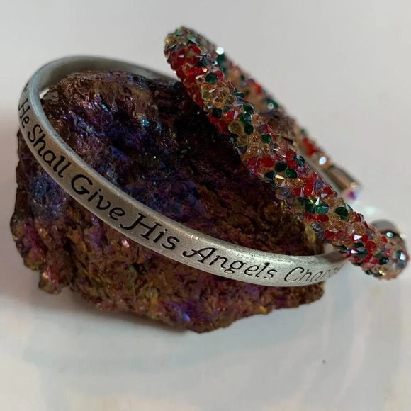 Psalm 91:11 Bible Verse Bracelet Bundle with Adjustable Crystal Bangle Silver - Picture 5 of 6